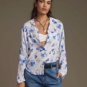 Cloth & Stone Floral Blue and White Women's Button Down Blouse, Lightweight, M